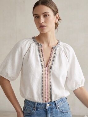 Bea Split Neck Cropped Peasant top Tencil linen embroidered crop blouse -Large